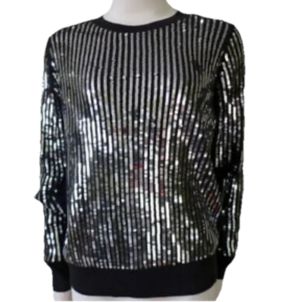 Michael Kors Sweater Women Medium Black Sequin Striped Long Sleeve Crew Neck